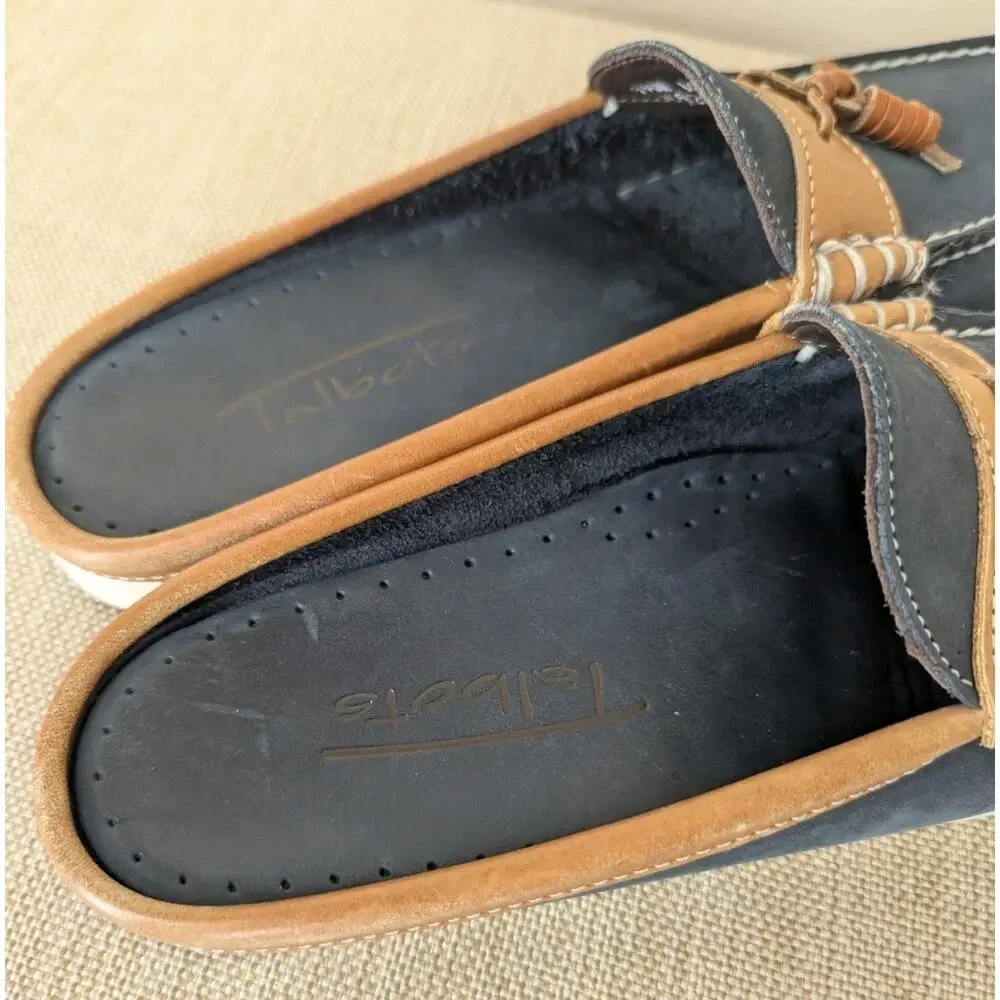 Talbots Women's Navy Tan Leather Nassau Slip On Loafers Mules Slides Size 9.5 N